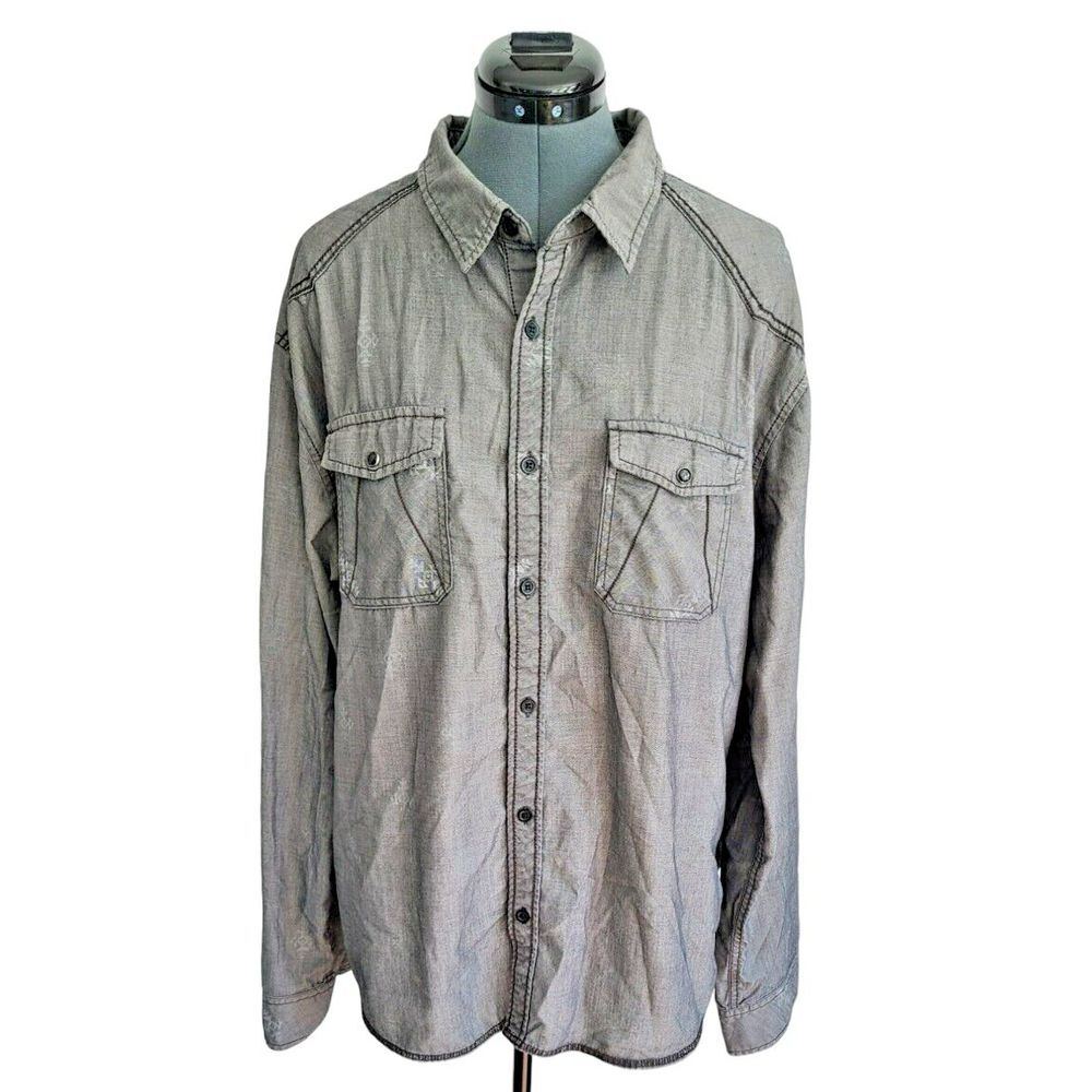 Beans Bones Mens XXL Gray Long Sleeve Button Down Shirt Casual Graphic Print